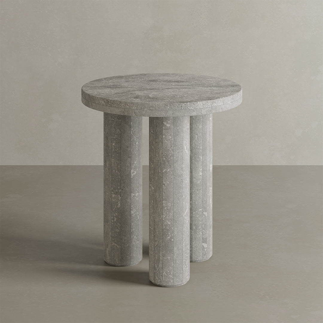 Cavelle Grey Travertine Side Table – 45cm - Grey filled travertine luxury side table image 1