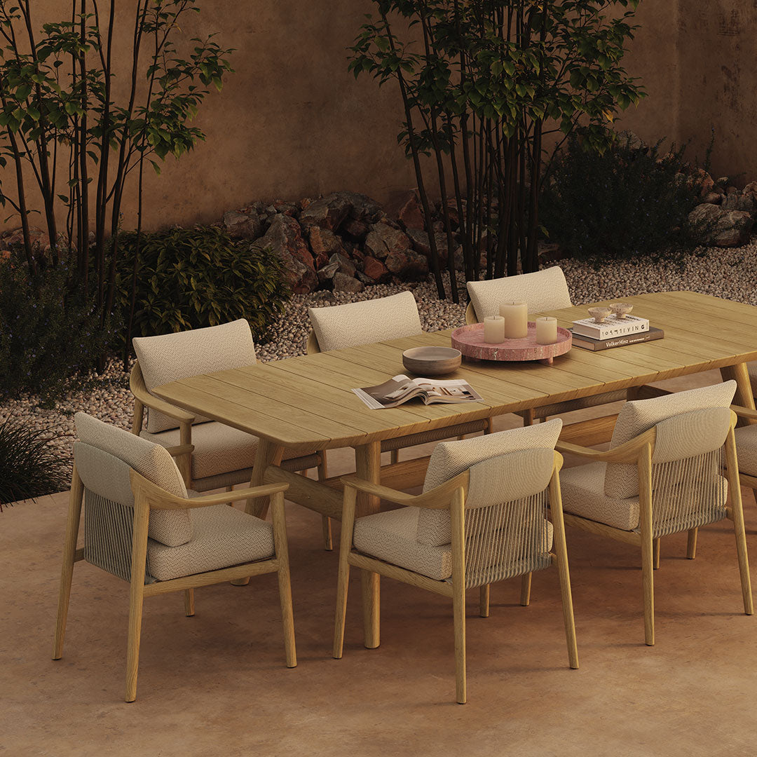 Elowen light teak outdoor dining table six and eight seater options view 3