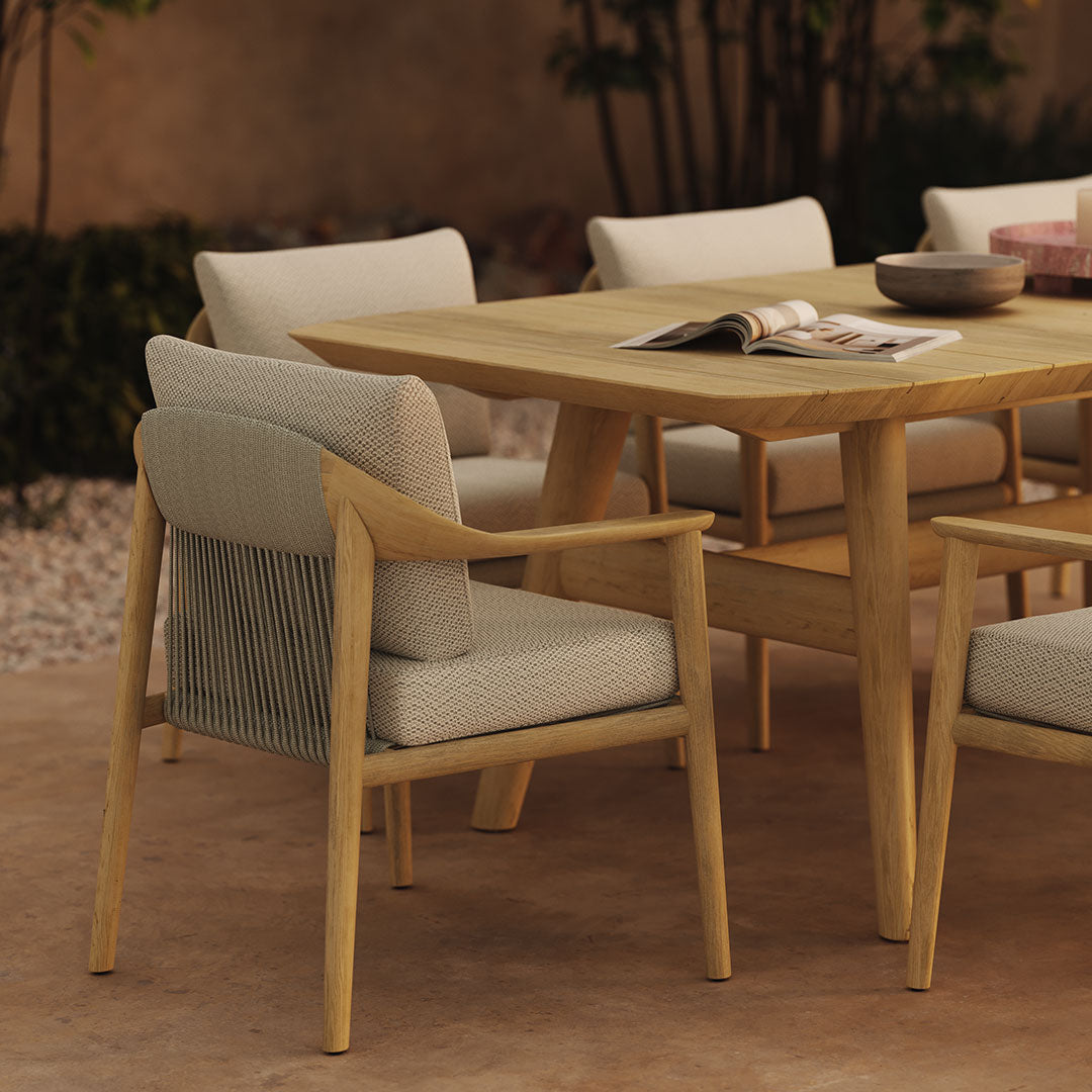 Elowen light teak outdoor dining table six and eight seater options view 4