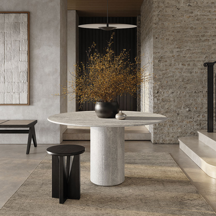 Lureno grey travertine round indoor outdoor dining table view 2