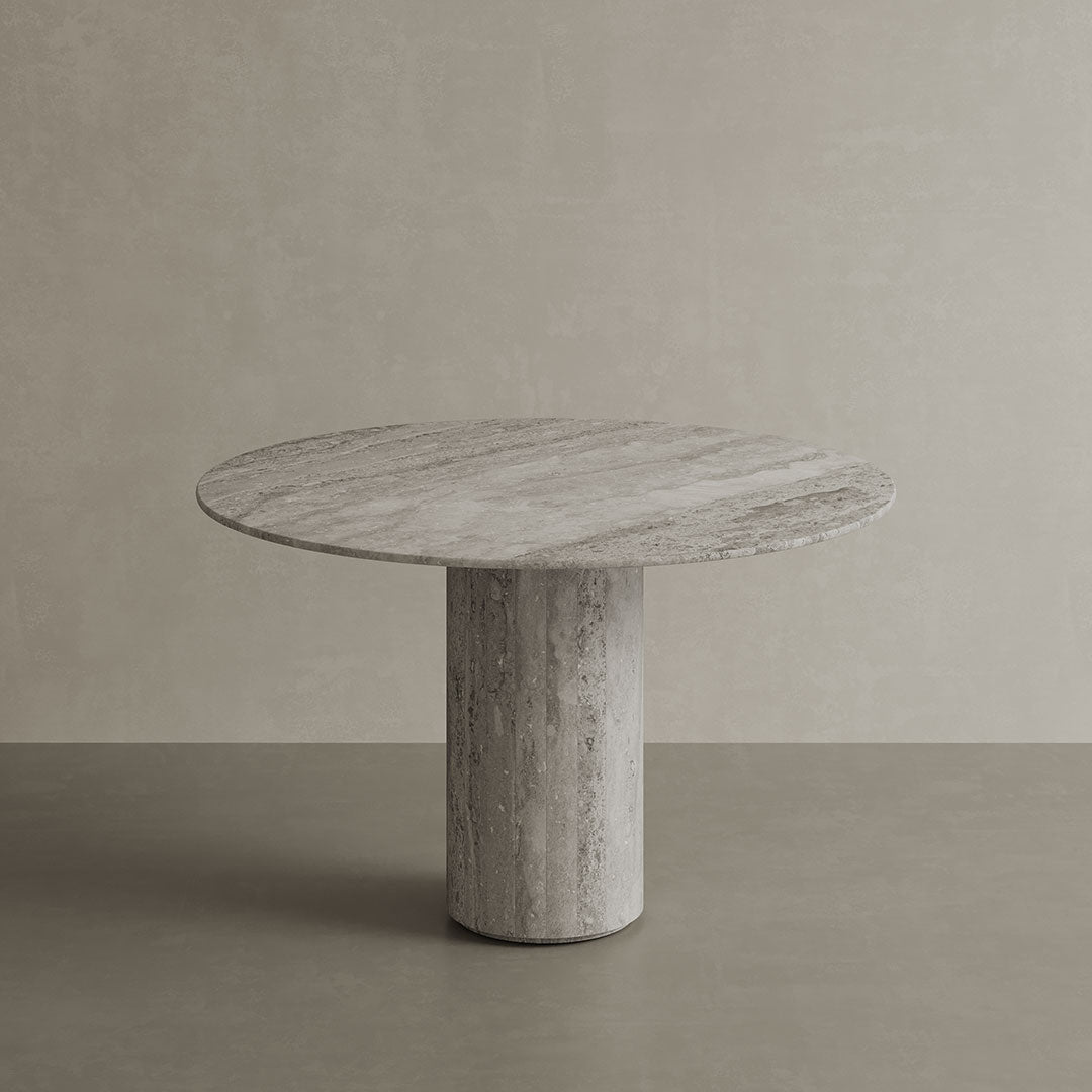Lureno grey travertine round indoor outdoor dining table view 3