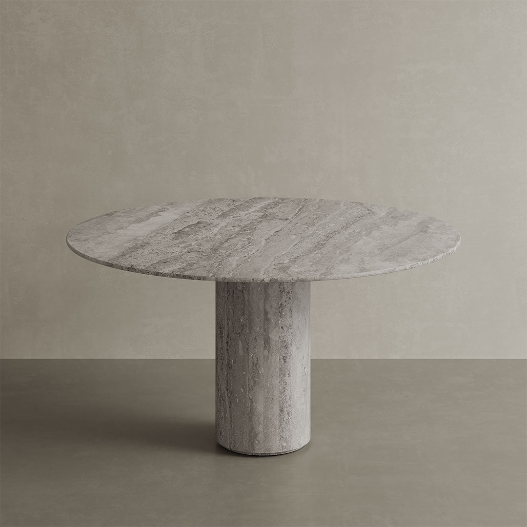 Lureno grey travertine round indoor outdoor dining table view 1