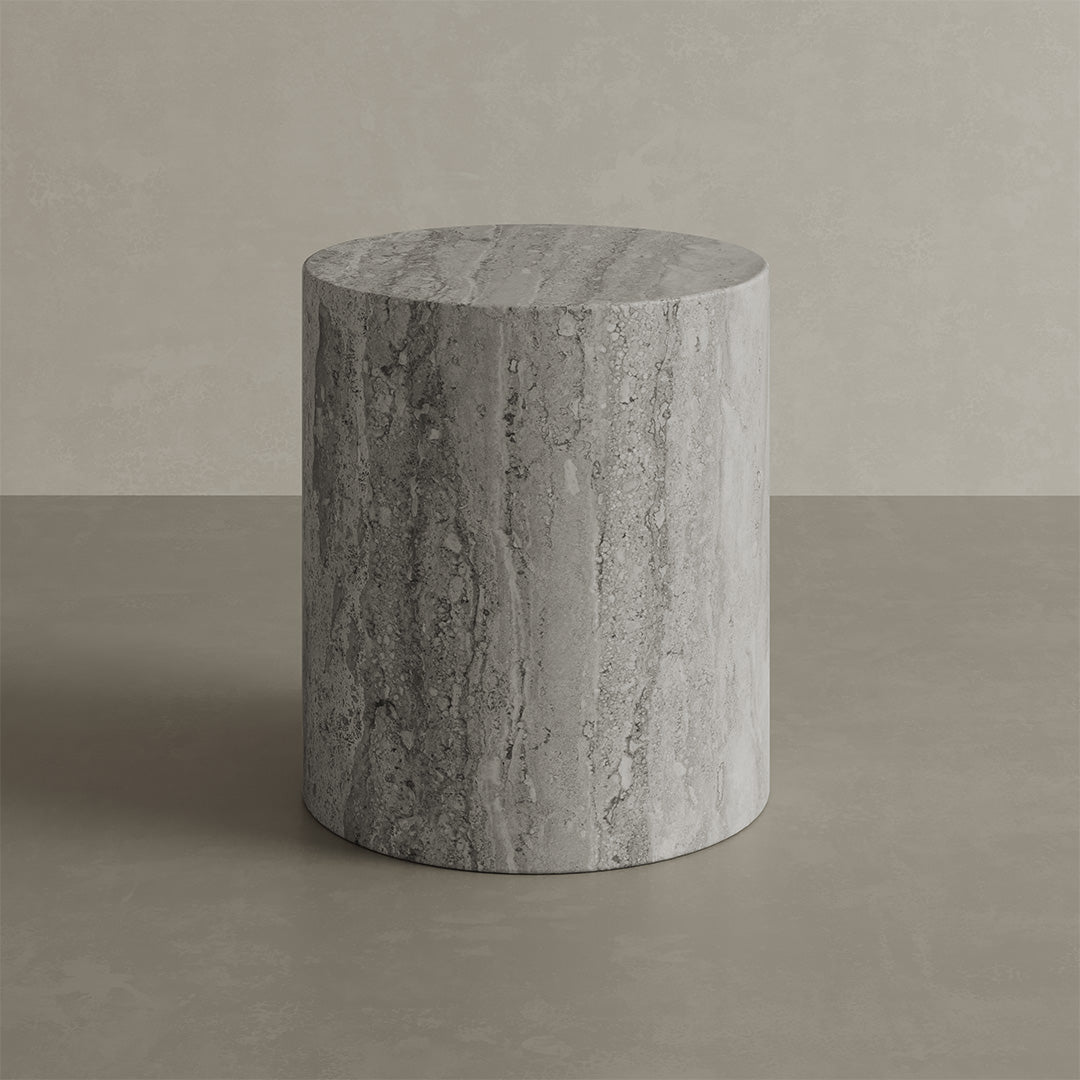 Orvani Grey Travertine Pedestal Side Table – 40cm - Grey filled travertine luxury side table image 1