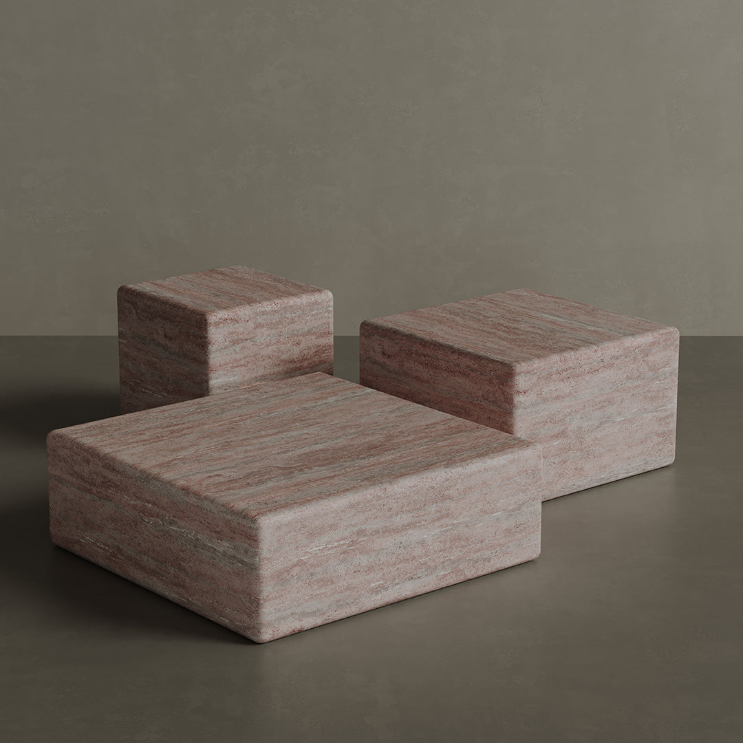 Ravello Travertine Accent Table - Red - 28/39/54cm - Red travertine garden table