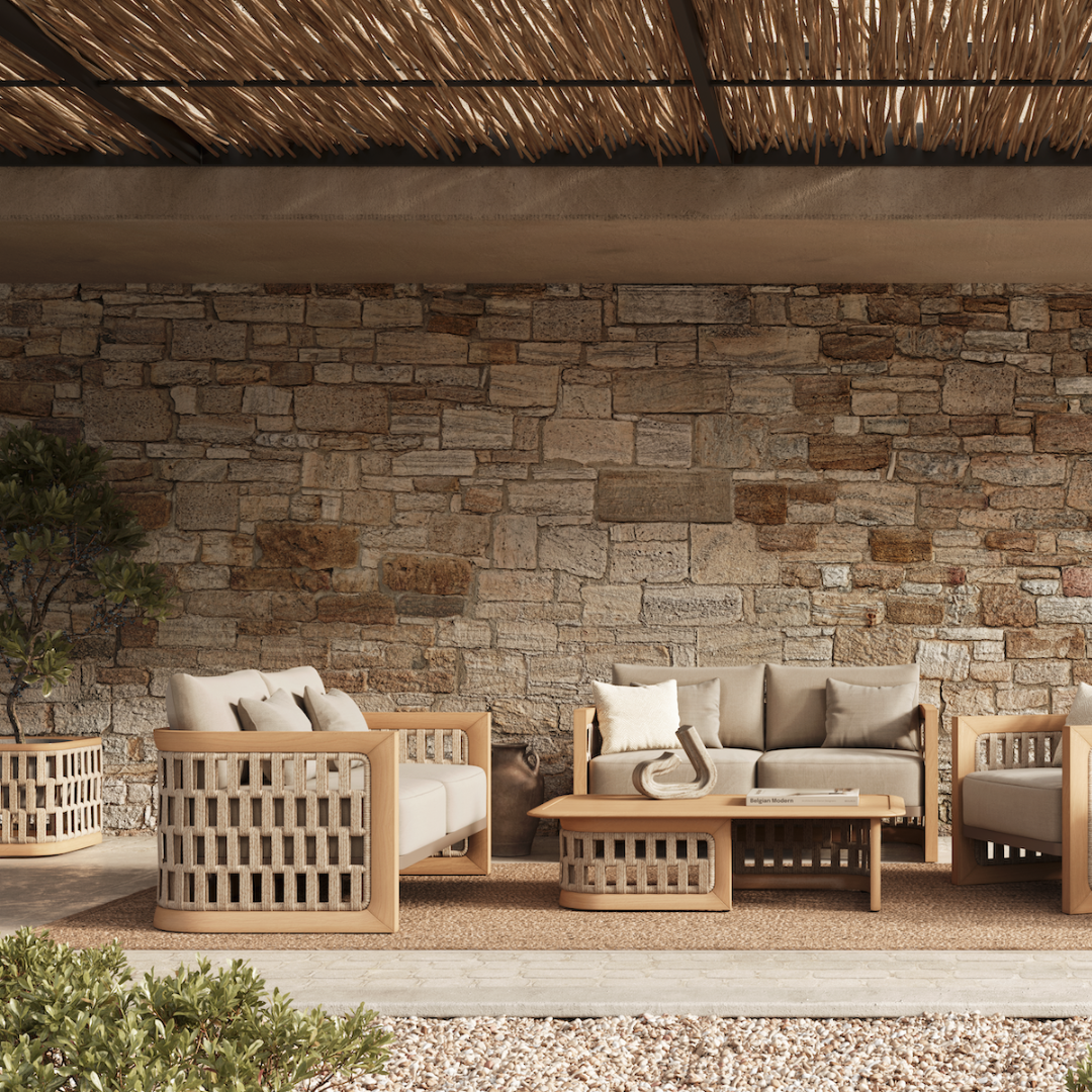 Solara Woven Light Teak Outdoor Sofa - 2 Seat Desert Canvas - 146cm outdoor lifestyle image 2