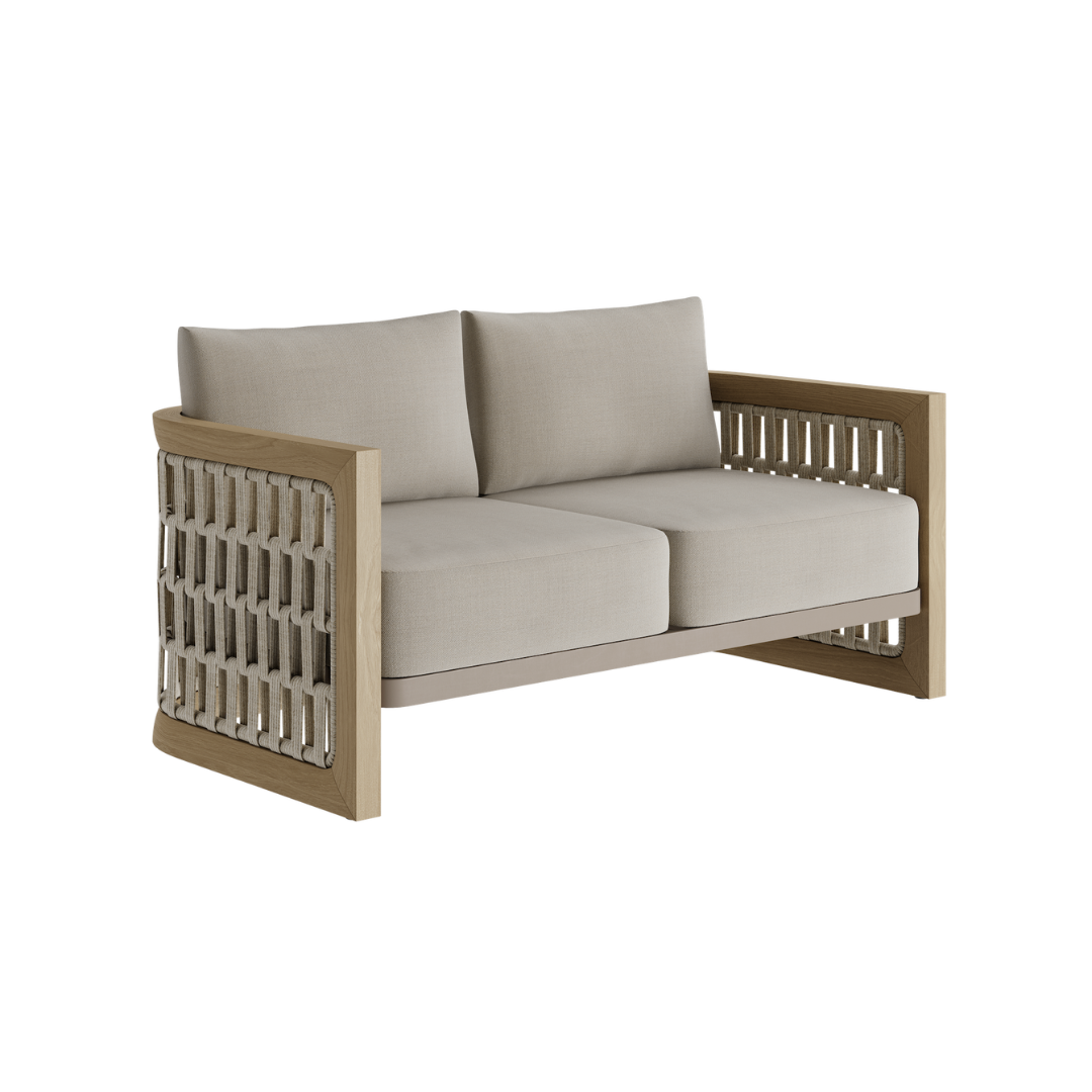Solara Woven Light Teak Outdoor Sofa - 2 Seat Desert Canvas - 146cm outdoor lifestyle image 3