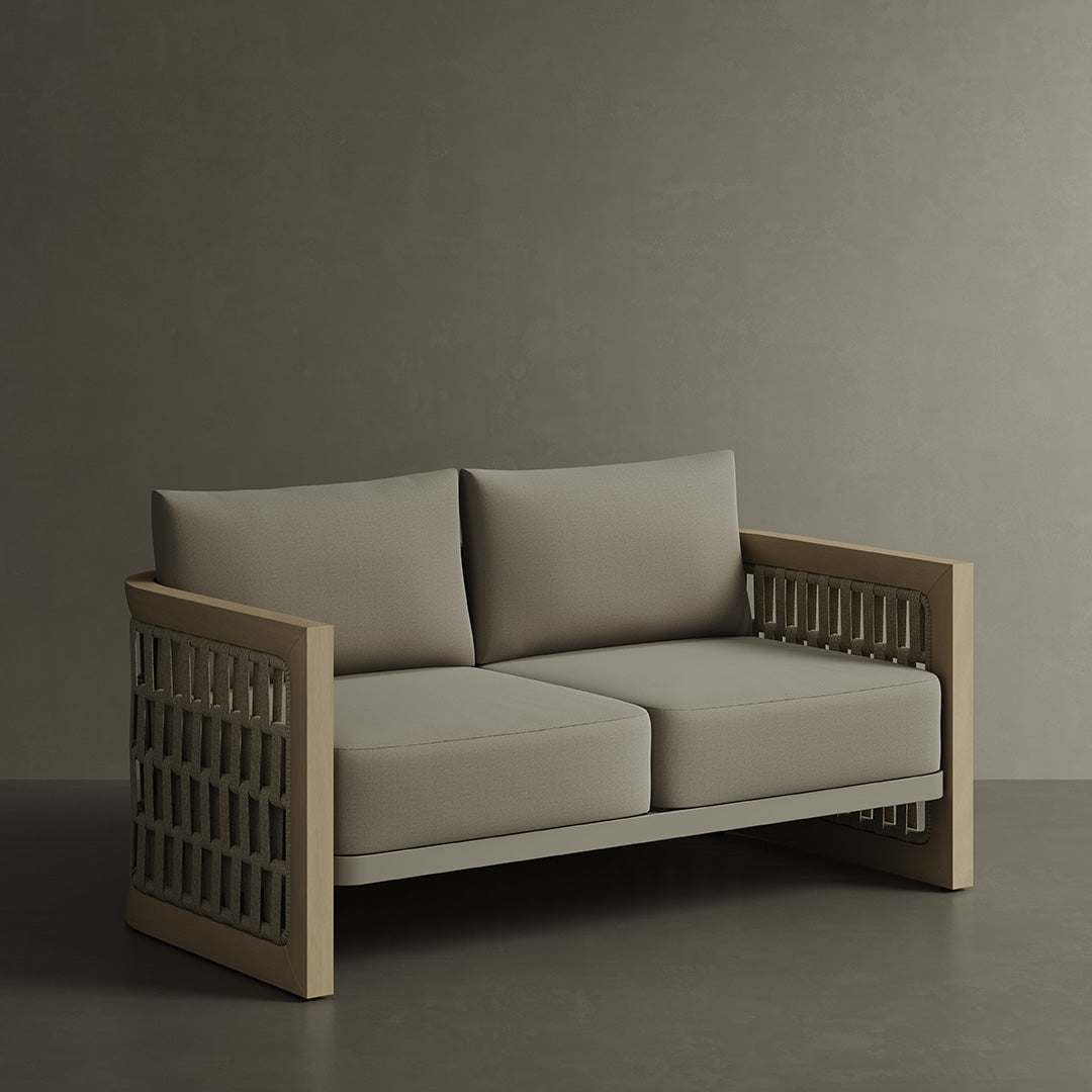 Solara Woven Light Teak Outdoor Sofa - 2 Seat Desert Canvas - 146cm outdoor lifestyle image 1