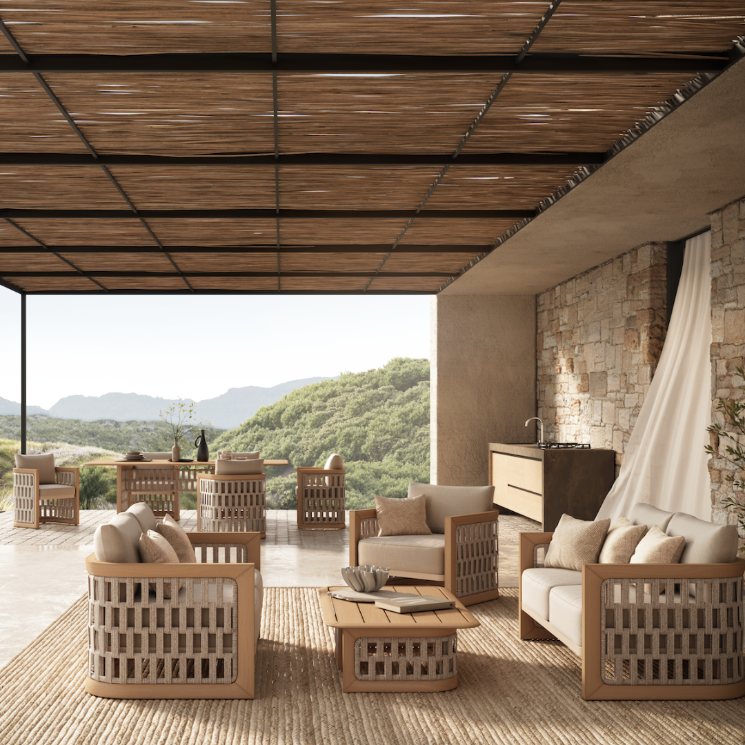 Solara Woven Light Teak Outdoor Sofa - 3 Seat Desert Canvas - 214cm outdoor lifestyle image 2