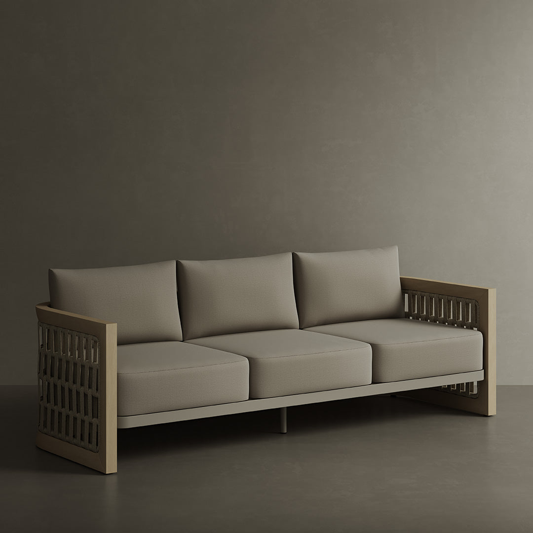 Solara Woven Light Teak Outdoor Sofa - 3 Seat Desert Canvas - 214cm outdoor lifestyle image 1