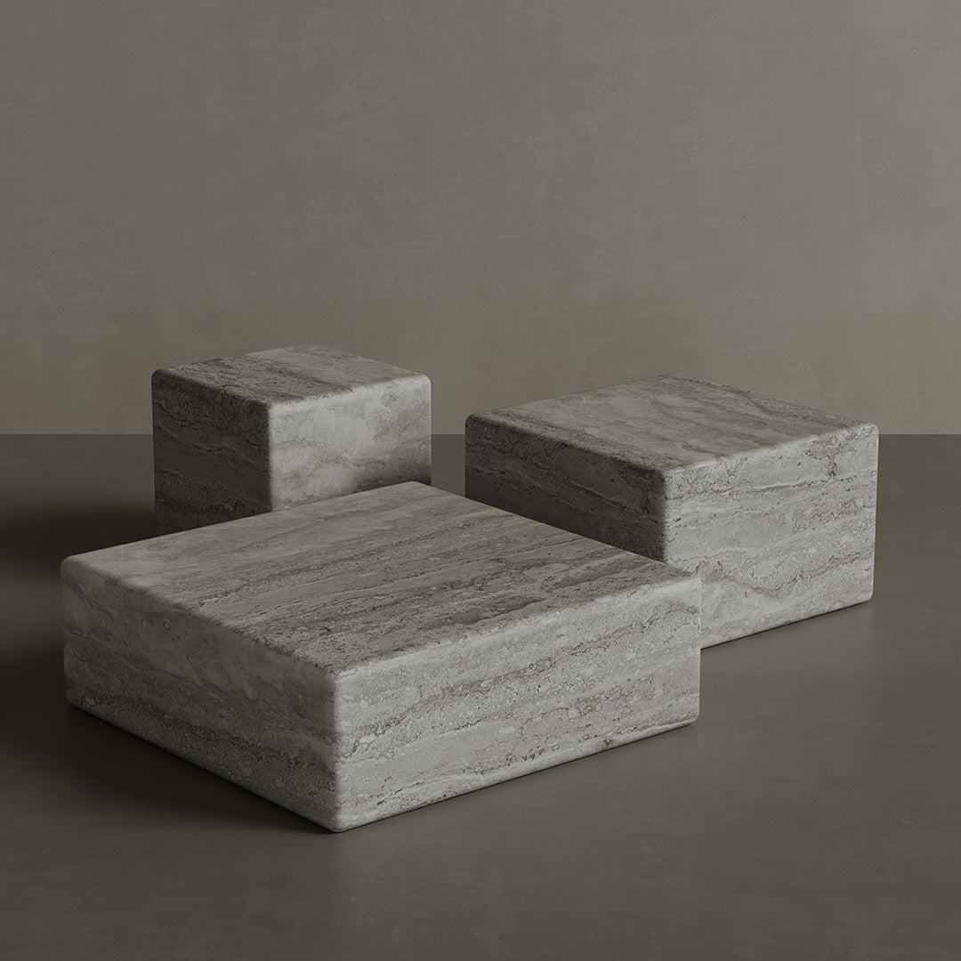 Solenne Travertine Accent Table - Grey - 28/39/54cm - Grey travertine garden table