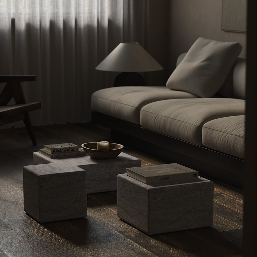 Solenne Travertine Accent Table - Grey - 28/39/54cm - Grey travertine garden table