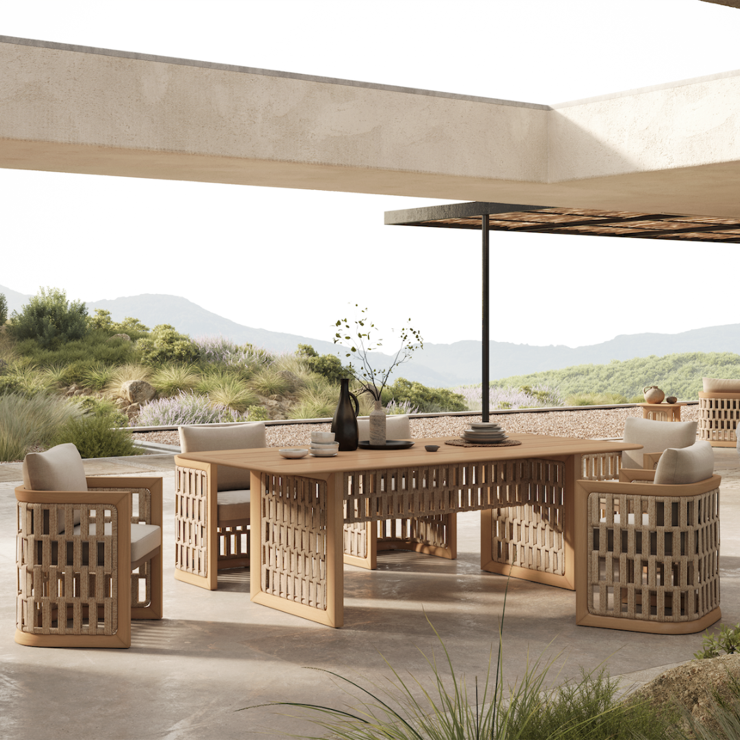 Sorello 200cm light teak outdoor dining table with woven panel base view 2