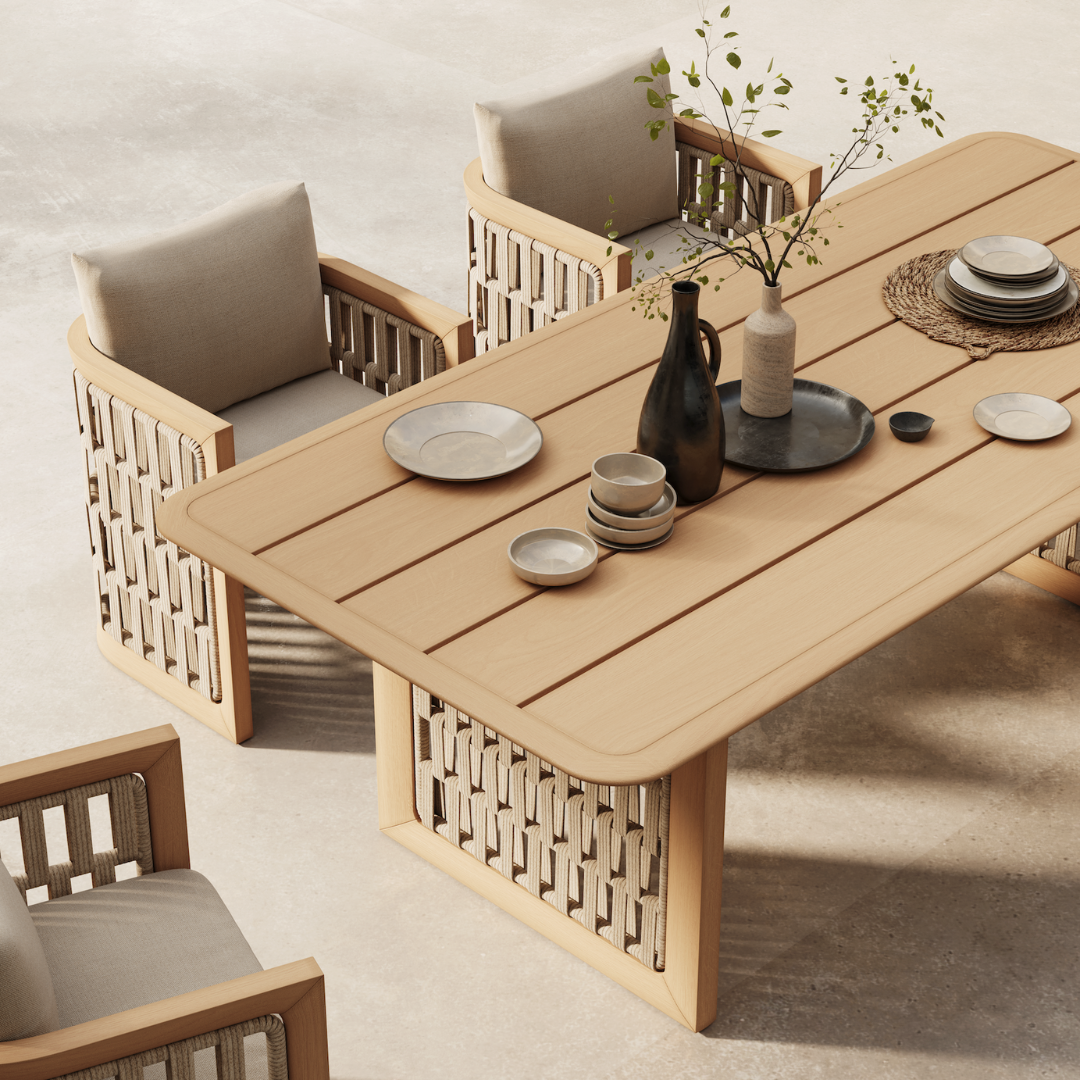 Sorello 200cm light teak outdoor dining table with woven panel base view 3