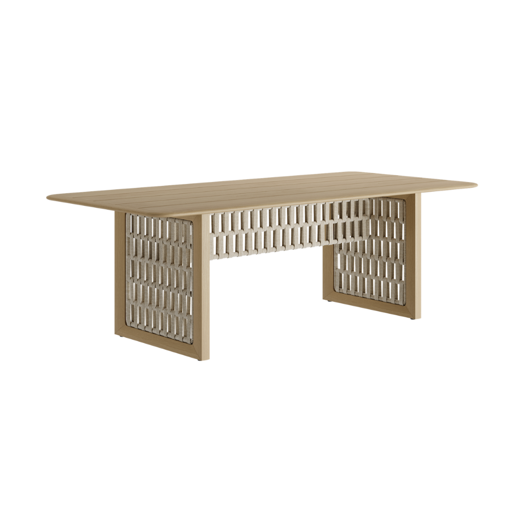 Sorello 200cm light teak outdoor dining table with woven panel base view 4