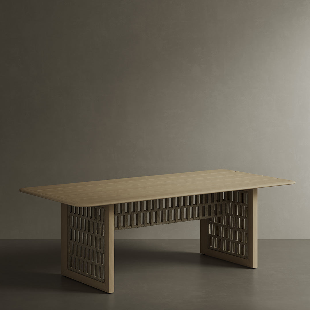 Sorello 200cm light teak outdoor dining table with woven panel base view 1