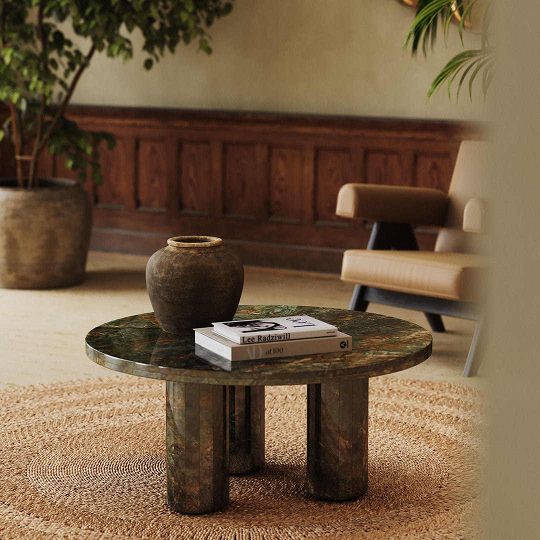 Verdelle Round Marble Coffee Table - Forest Green - 90cm - Forest Green marble garden table