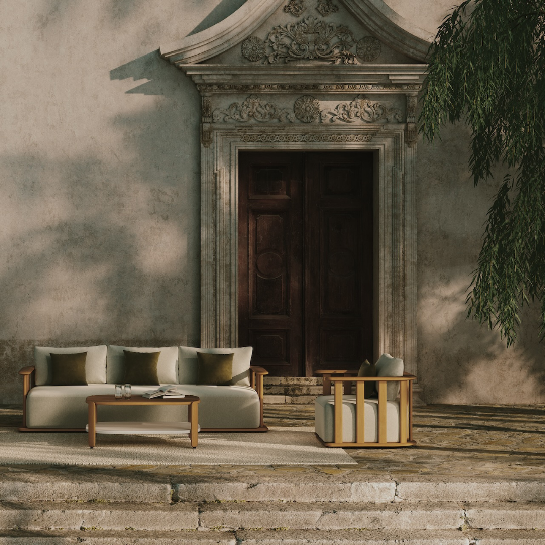 Virelle Medium Teak Outdoor Sofa - 3 Seat Oyster Canvas - 215cm outdoor lifestyle image 2